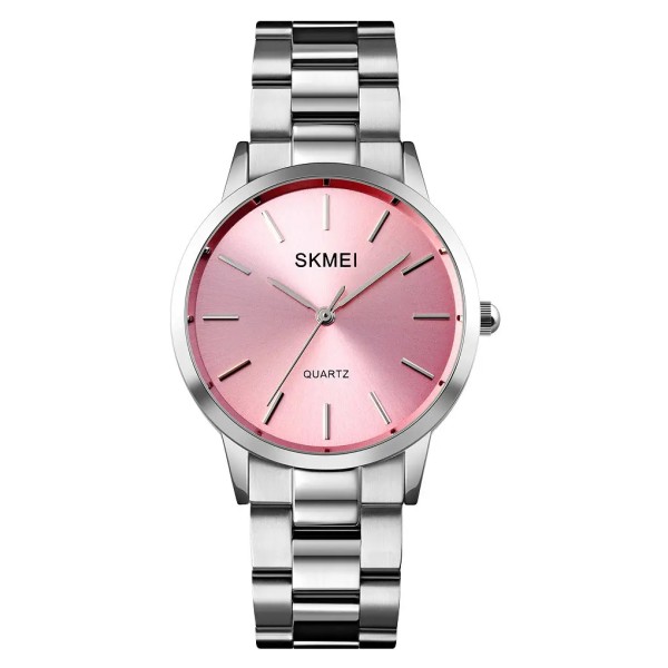 Жіночий годинник Skmei 1694PK Pink зі сріблястим металевим браслетом та рожевим циферблатом
