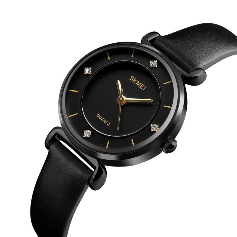 Жіночий годинник Skmei 1330LBK Black у класичному стилі з чорним шкіряним ремінцем та мінеральним склом