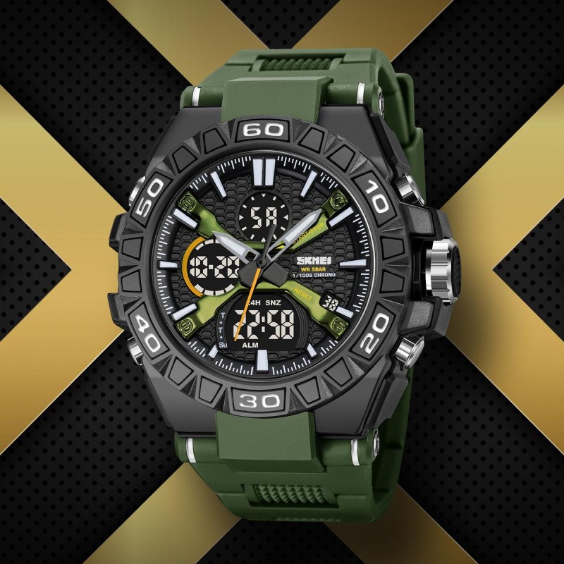 Мужские тактические часы Skmei 2220AG Army Green Arch с комбинированным циферблатом и подсветкой