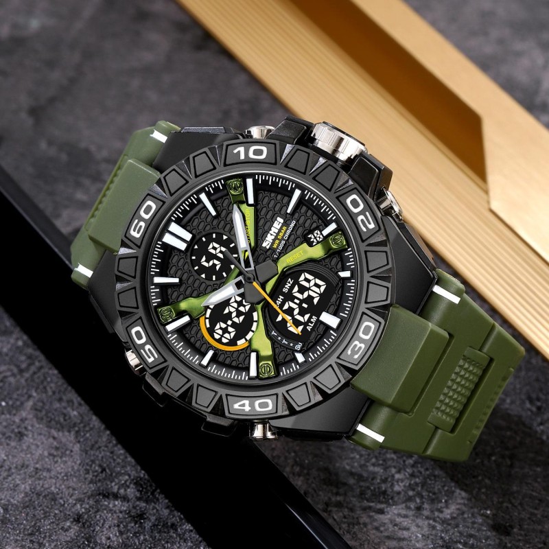 Мужские тактические часы Skmei 2220AG Army Green Arch с комбинированным циферблатом и подсветкой