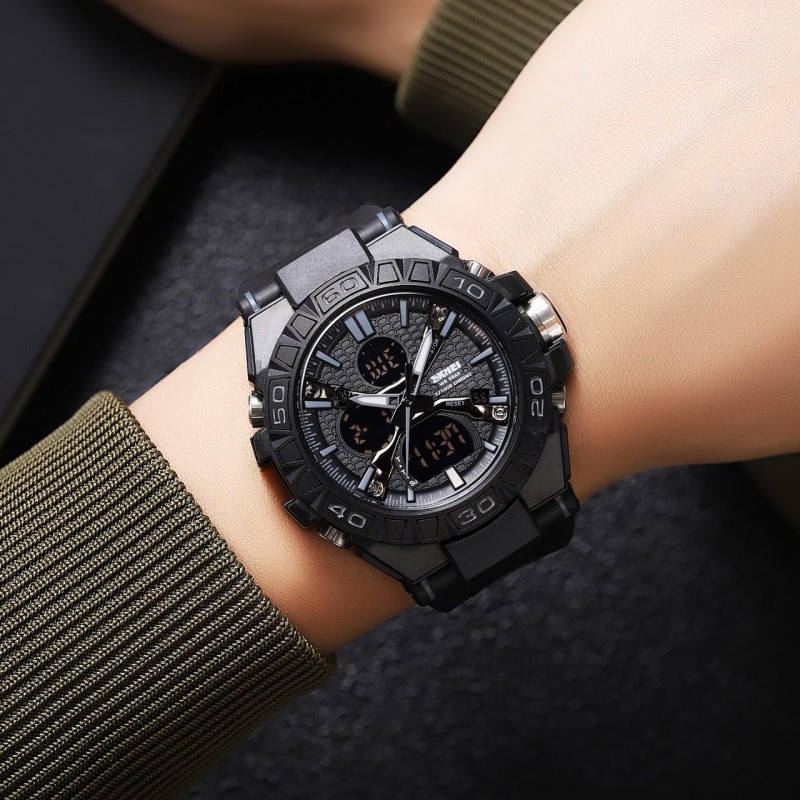 Чоловічий тактичний годинник Skmei 2220BK Black з комбінованим циферблатом та підсвічуванням