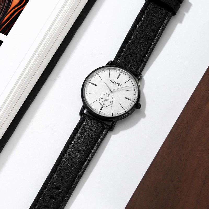 Мужские классические часы Skmei 2308BK Black STOPPED с минеральным стеклом и кожаным ремешком