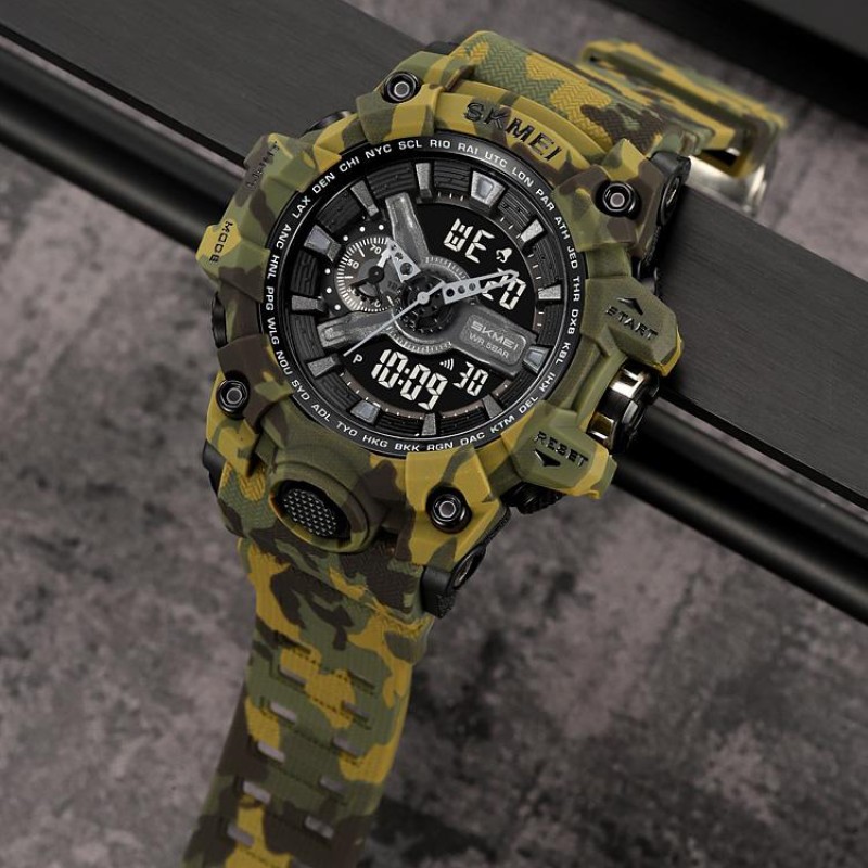 Чоловічий спортивний годинник Skmei 2396CMGN Camo Green тактичний з підсвічуванням та календарем