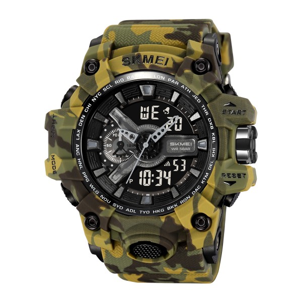 Чоловічий спортивний годинник Skmei 2396CMGN Camo Green тактичний з підсвічуванням та календарем