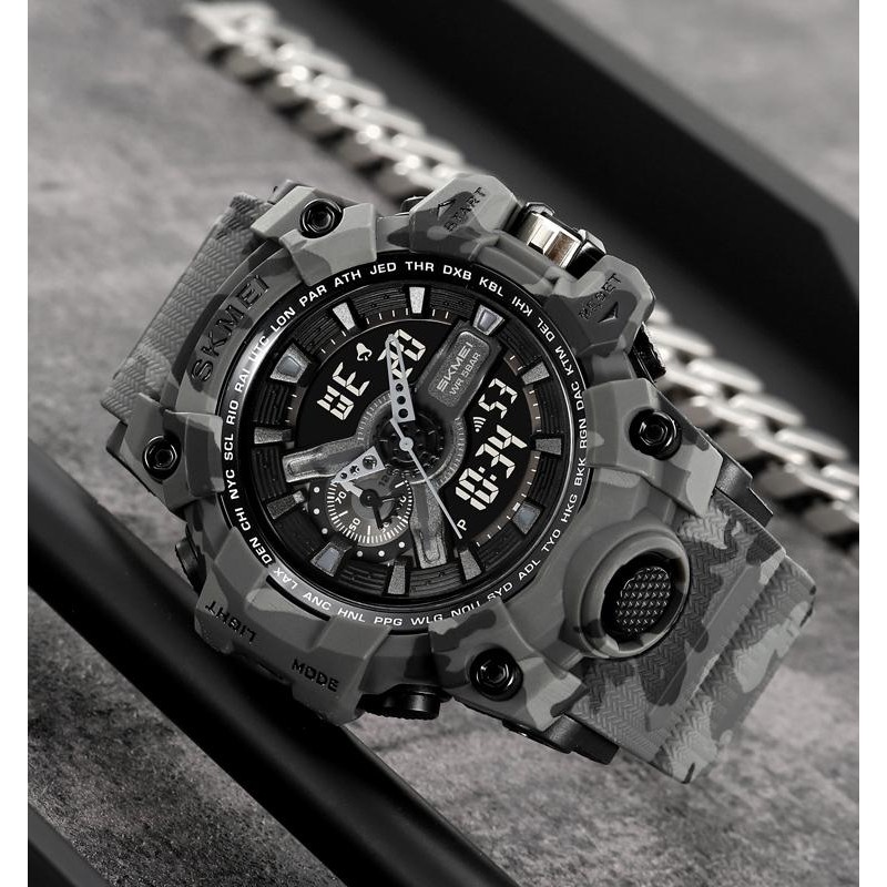 Мужские тактические часы Skmei 2396CMGY Camo Grey со стрелочно-электронным циферблатом и подсветкой