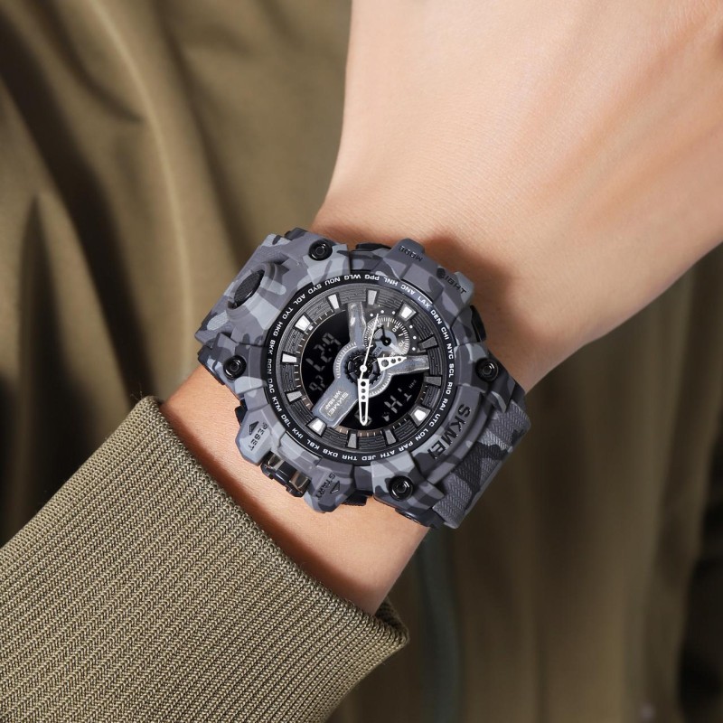 Мужские тактические часы Skmei 2396CMGY Camo Grey со стрелочно-электронным циферблатом и подсветкой