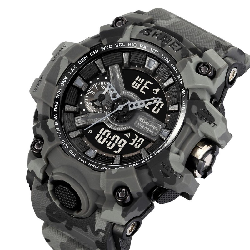 Мужские тактические часы Skmei 2396CMGY Camo Grey со стрелочно-электронным циферблатом и подсветкой