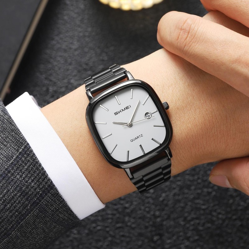 Чоловічий годинник Skmei 2551BKWT Black-White у квадратному корпусі з білим циферблатом