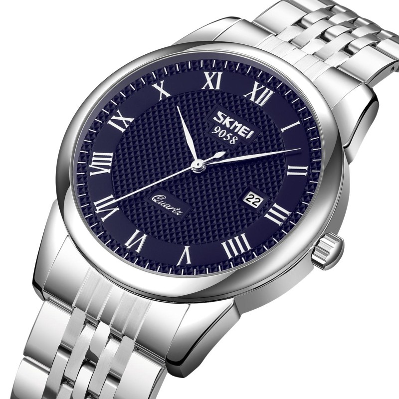 Жіночий класичний годинник Skmei 9058SBU-S Silver-Blue з металевим браслетом та синім циферблатом