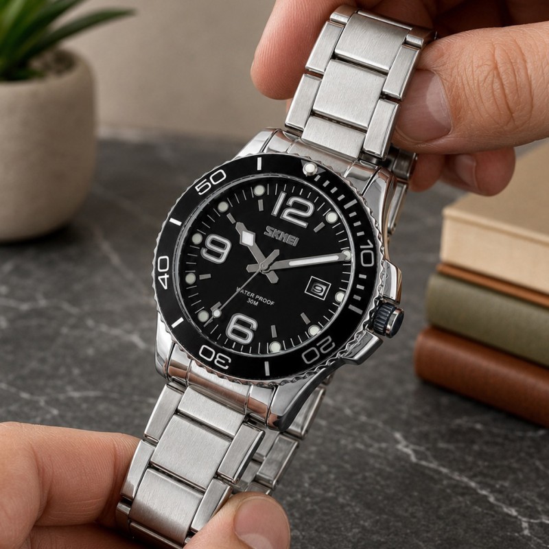 Мужские классические часы Skmei 9278BK Black с металлическим браслетом и минеральным стеклом