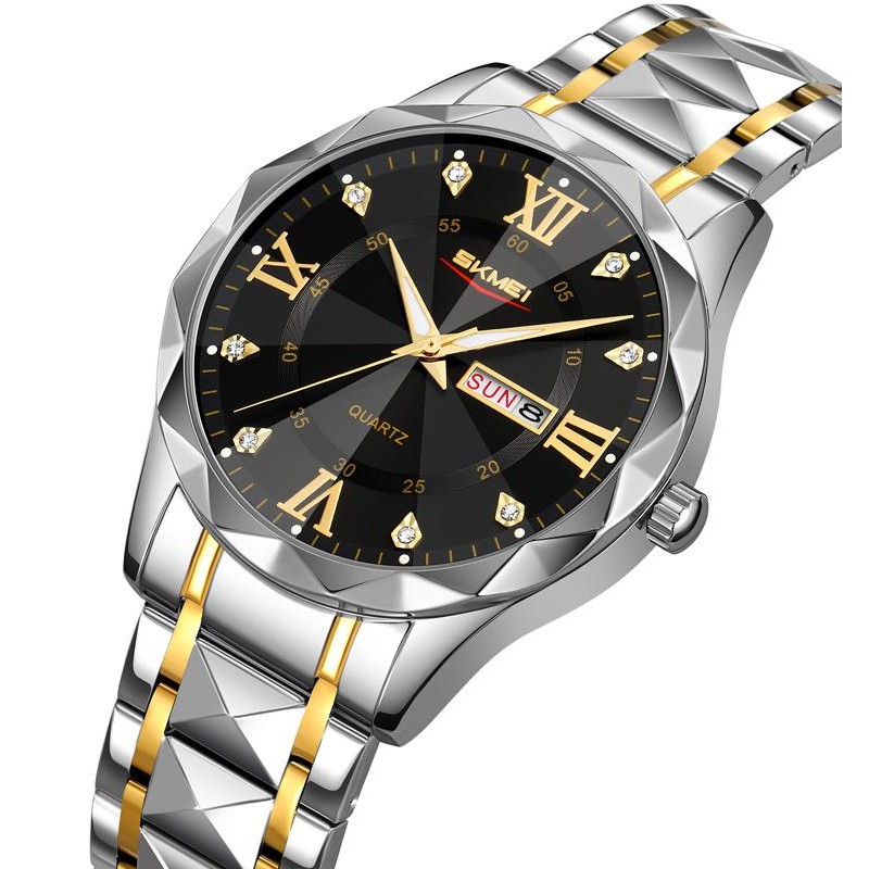 Чоловічий класичний годинник Skmei 9369TGDBK Gold-Black зі сріблястим браслетом та мінеральним склом