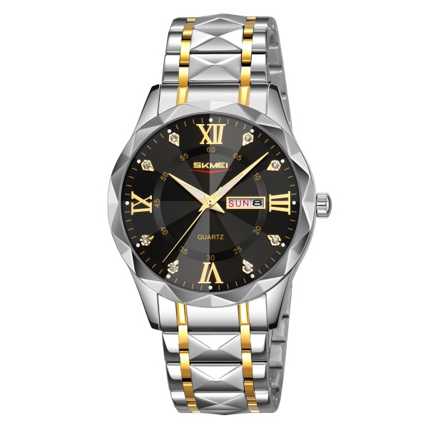 Чоловічий класичний годинник Skmei 9369TGDBK Gold-Black зі сріблястим браслетом та мінеральним склом