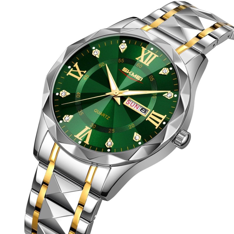 Чоловічий класичний годинник Skmei 9369TGDGN Gold-Green з календарем та металевим браслетом