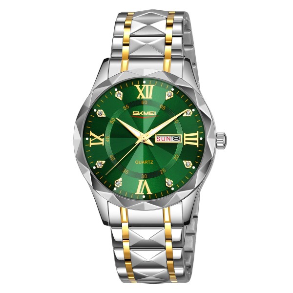 Чоловічий класичний годинник Skmei 9369TGDGN Gold-Green з календарем та металевим браслетом