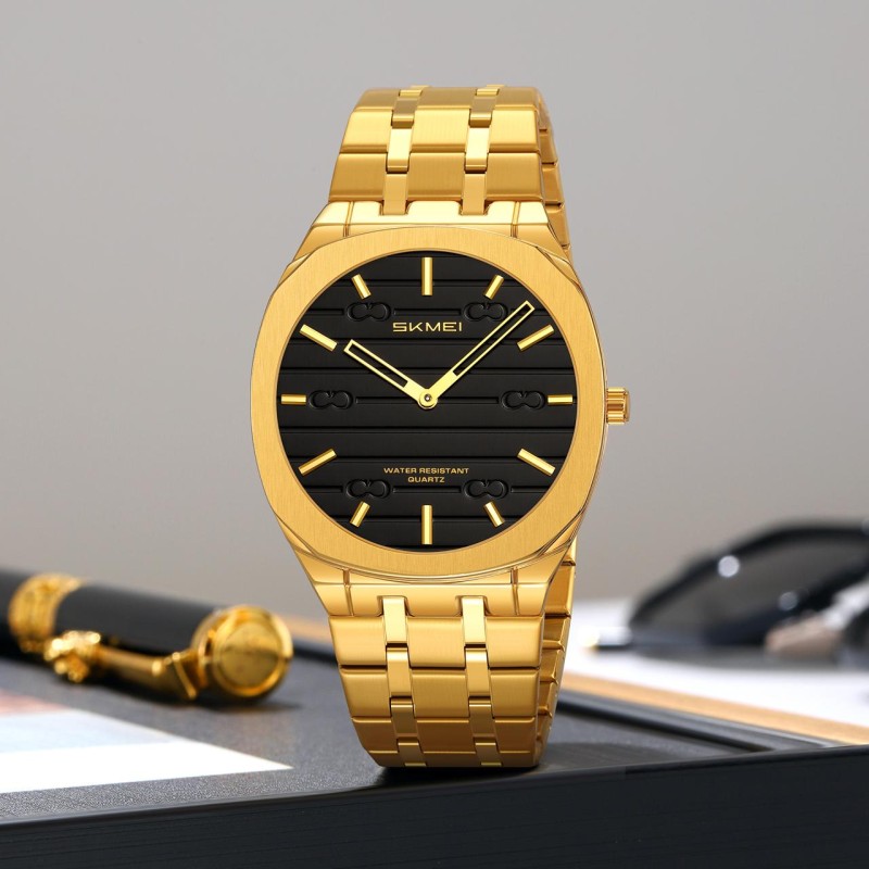 Мужские классические часы Skmei 9372GDBK Gold-Black с металлическим браслетом и минеральным стеклом