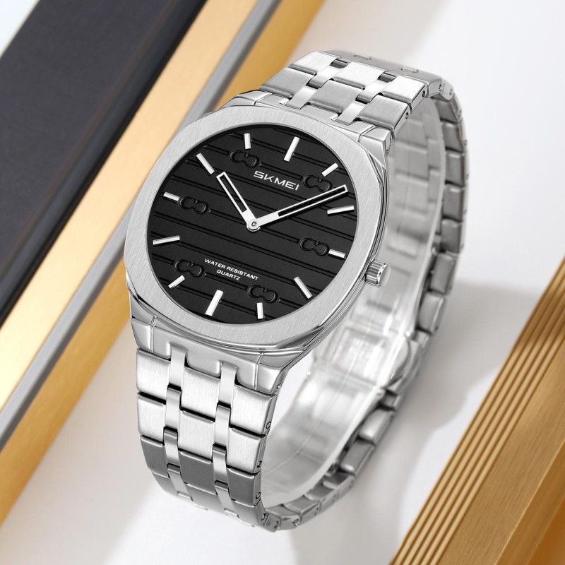 Чоловічий класичний годинник Skmei 9372SIBK Silver-Black зі сріблястим браслетом та мінеральним склом