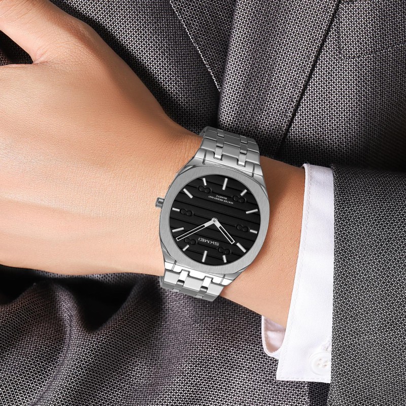 Чоловічий класичний годинник Skmei 9372SIBK Silver-Black зі сріблястим браслетом та мінеральним склом