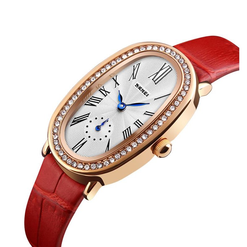Женские наручные часы Skmei Q020RD Red SALE 2025 с минеральным стеклом и кожаным ремешком