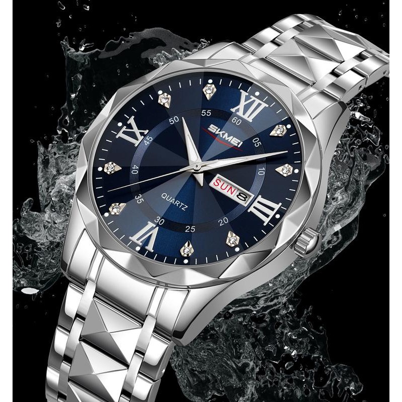 Чоловічий класичний годинник Skmei 9369SIBU Silver-Blue зі сріблястим браслетом та синім циферблатом