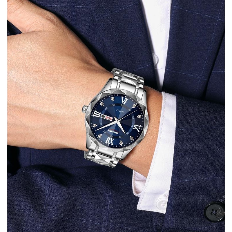 Чоловічий класичний годинник Skmei 9369SIBU Silver-Blue зі сріблястим браслетом та синім циферблатом
