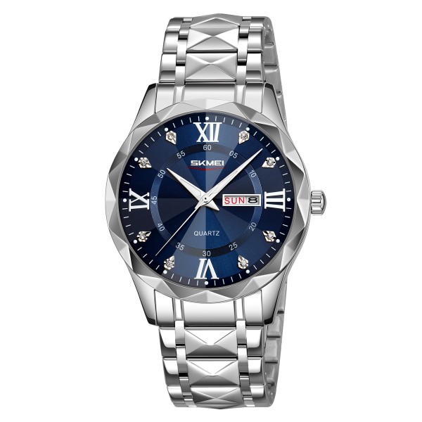 Чоловічий класичний годинник Skmei 9369SIBU Silver-Blue зі сріблястим браслетом та синім циферблатом