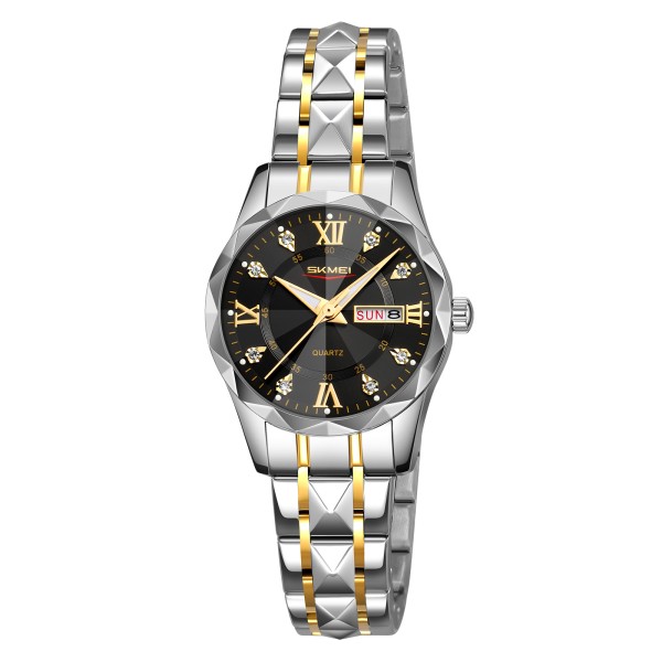 Жіночий класичний годинник Skmei 9370TGDBK Gold-Black з металевим браслетом та календарем