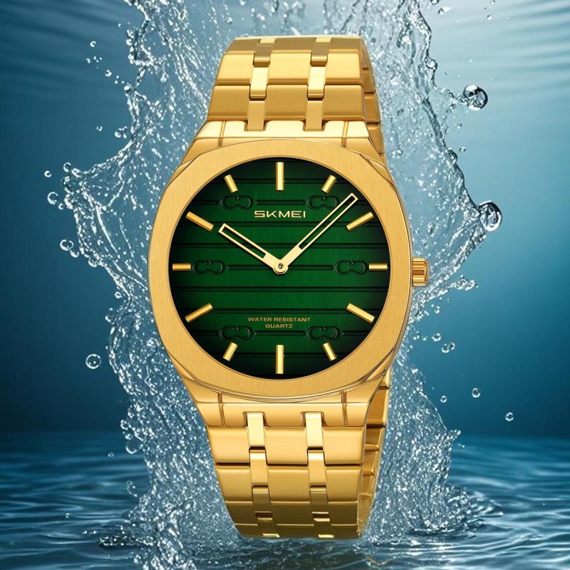Чоловічий класичний годинник Skmei 9372GDGN Gold-Green з металевим браслетом та мінеральним склом