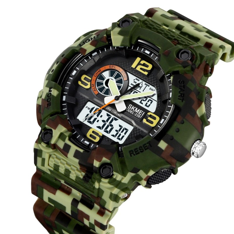 Чоловічий тактичний годинник Skmei 2397CMGN Camo Green зі стрілково-електронним циферблатом та підсвіткою