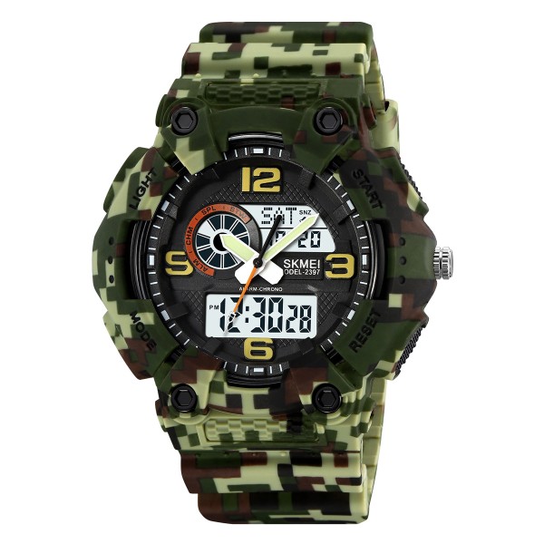 Чоловічий тактичний годинник Skmei 2397CMGN Camo Green зі стрілково-електронним циферблатом та підсвіткою