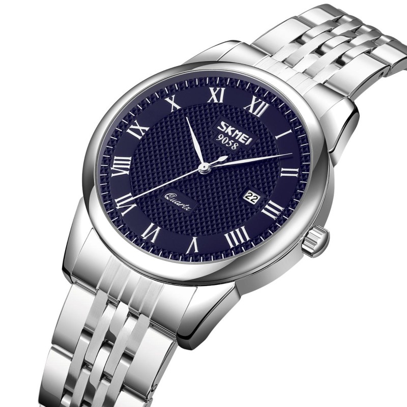 Мужские классические часы Skmei 9058SBU-B Silver-Blue с серебристым браслетом и синим циферблатом