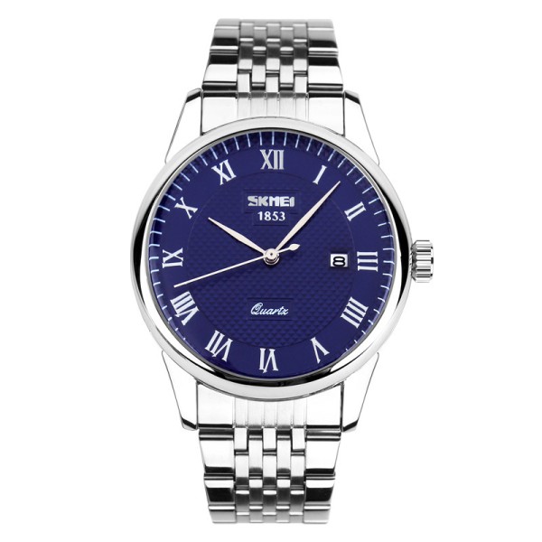 Мужские классические часы Skmei 9058SBU-B Silver-Blue с серебристым браслетом и синим циферблатом