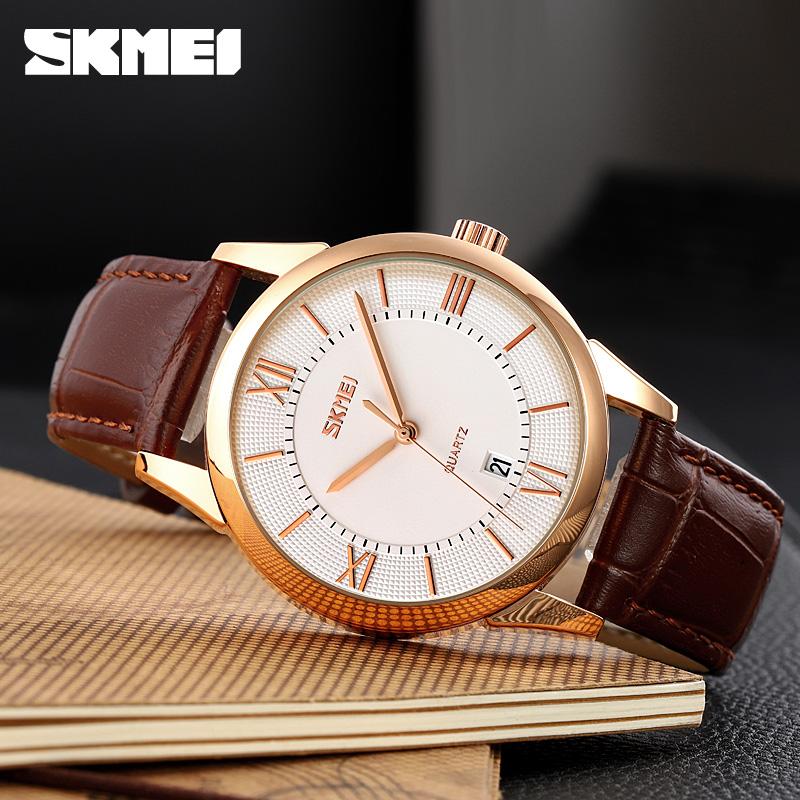 Чоловічий класичний годинник Skmei 9261BNSI Brown-Silver з білим циферблатом та шкіряним ремінцем