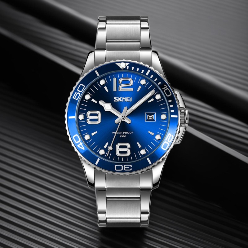 Мужские классические часы Skmei 9278BU Blue с серебристым браслетом и синим циферблатом