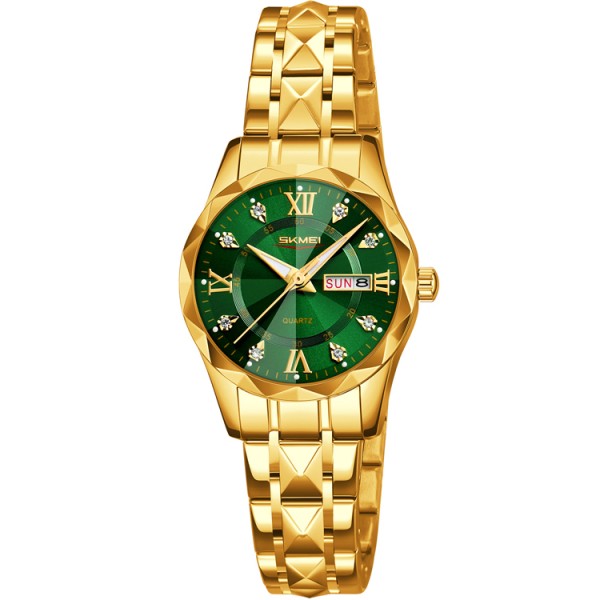 Женские часы Skmei 9370GDGN Gold-Green с золотистым браслетом и зеленым циферблатом