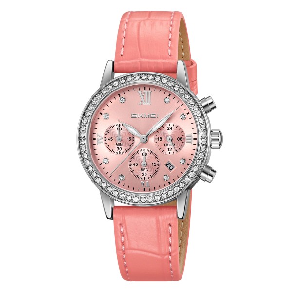 Женские часы Skmei 9384PK Pink с кожаным ремешком, календарем и секундомером