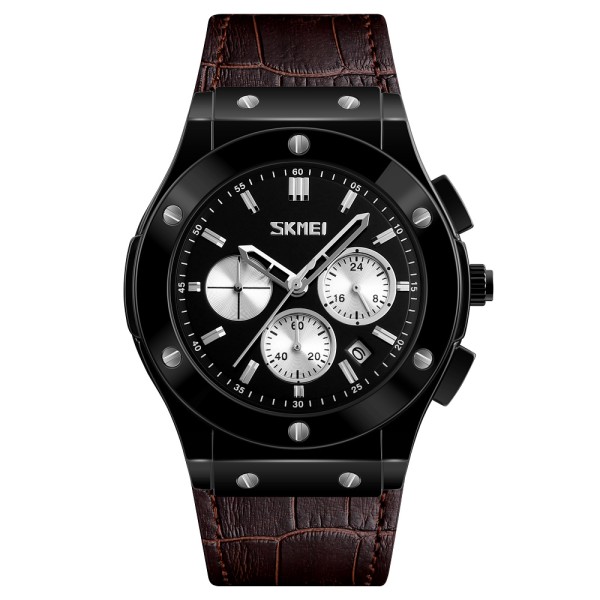 Чоловічий наручний годинник Skmei 9157BN Brown leather з хронографом та шкіряним ремінцем