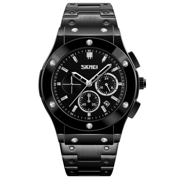 Мужские часы Skmei 9157SBK Black-Steel с хронографом и стальным браслетом