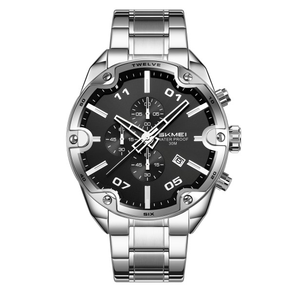 Чоловічий годинник Skmei 9387SIBK Silver-Black зі сріблястим браслетом та хронографом