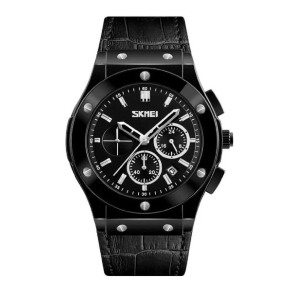 Чоловічий годинник Skmei 9157BK Black leather з хронографом та шкіряним ремінцем