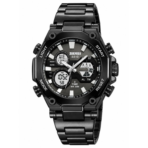 Мужские часы Skmei 2210BK Black с комбинированным циферблатом и металлическим браслетом