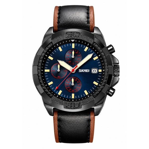 Мужские наручные часы Skmei 9347BKBU Black-Blue с хронографом и кожаным ремешком