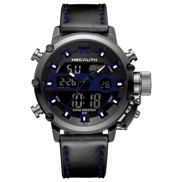 Мужские спортивные часы Megalith 8051M Black-Dark Gray-Blue с комбинированным циферблатом