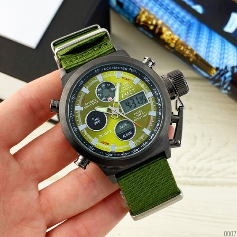 Мужские часы AMST 3003 Black-Green Green Wristband с комбинированным механизмом и текстильным ремешком