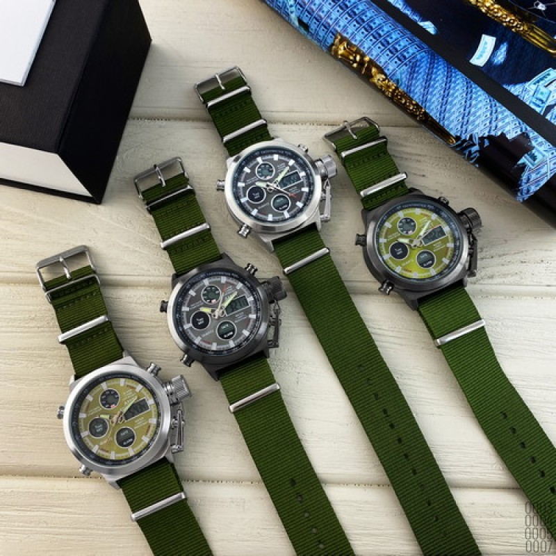 Мужские часы AMST 3003 Black-Green Green Wristband с комбинированным механизмом и текстильным ремешком