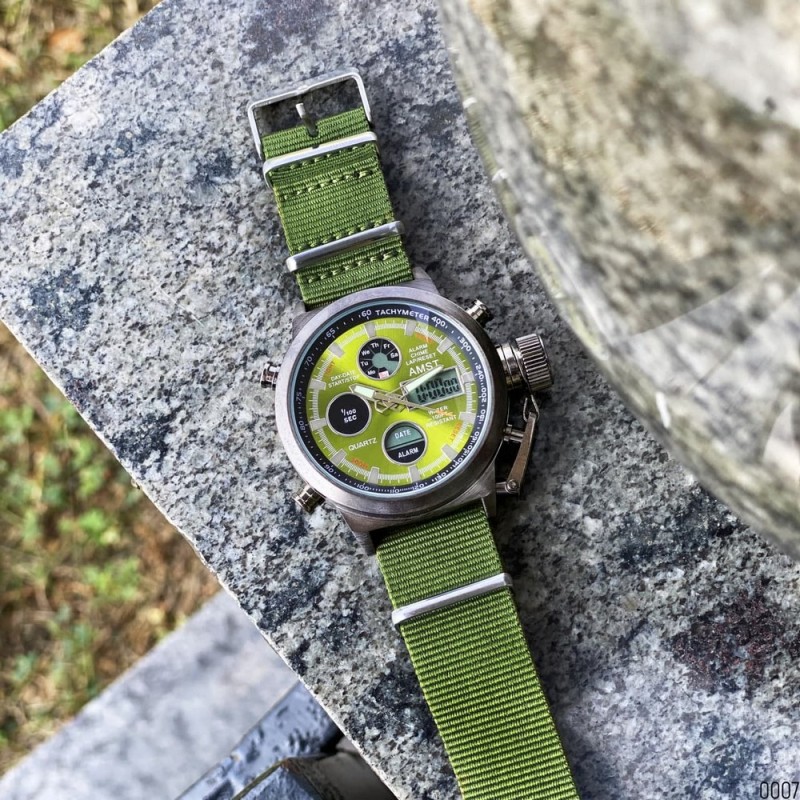 Мужские часы AMST 3003 Black-Green Green Wristband с комбинированным механизмом и текстильным ремешком