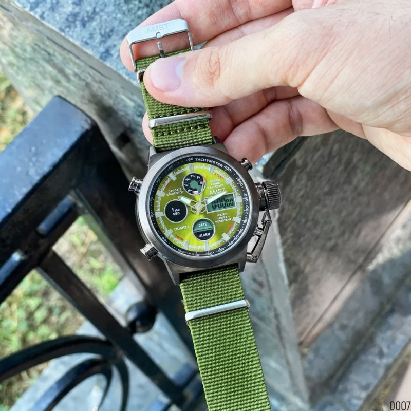 Мужские часы AMST 3003 Black-Green Green Wristband с комбинированным механизмом и текстильным ремешком