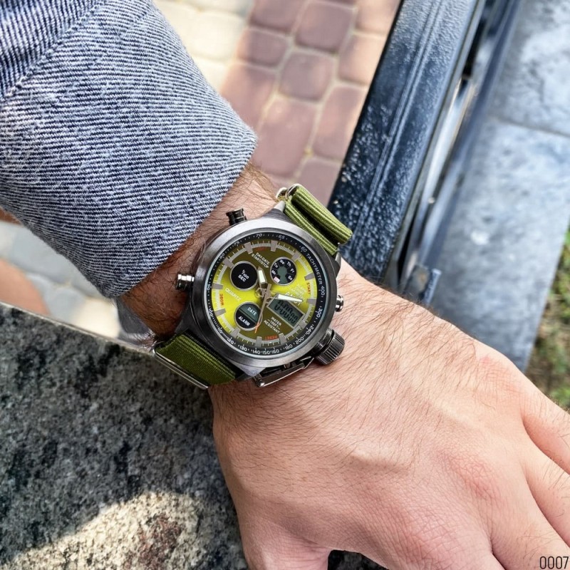 Мужские часы AMST 3003 Black-Green Green Wristband с комбинированным механизмом и текстильным ремешком