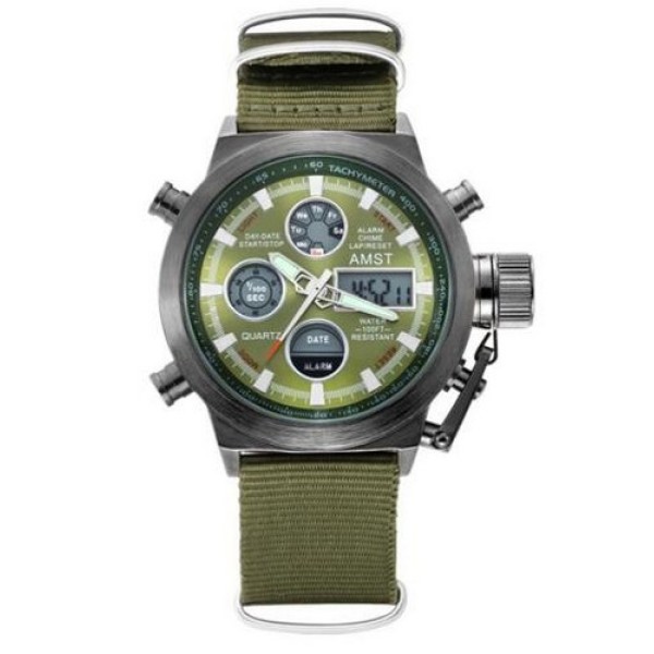 Мужские часы AMST 3003 Black-Green Green Wristband с комбинированным механизмом и текстильным ремешком