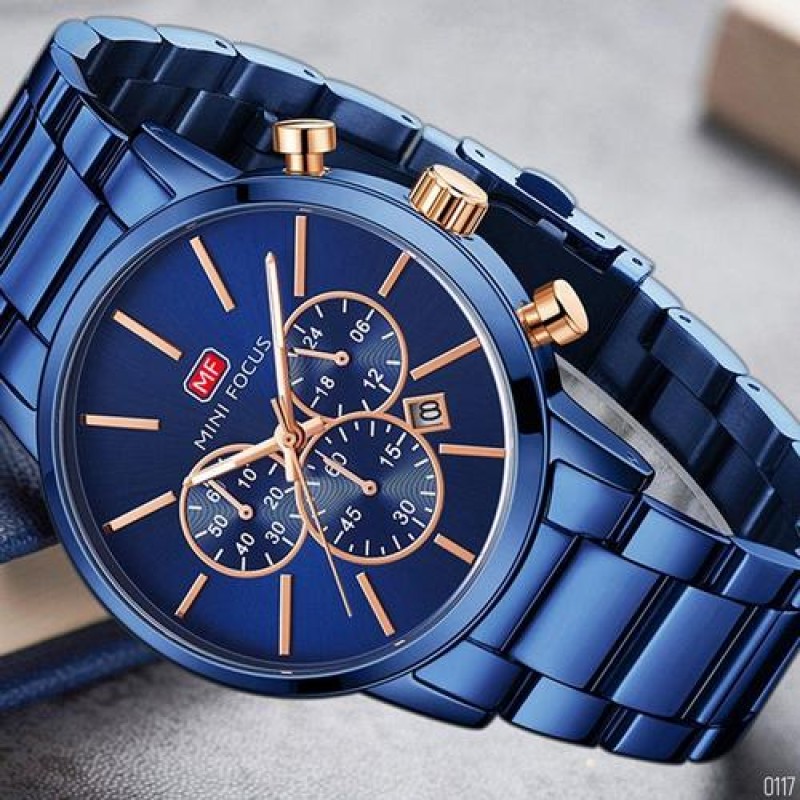Мужские часы Mini Focus MF0294G All Blue с кварцевым хронографом и стальным браслетом