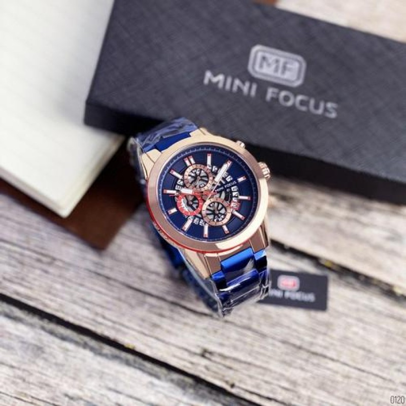 Мужские наручные часы Mini Focus MF0285G Blue-Cuprum с кварцевым хронографом и синим стальным браслетом